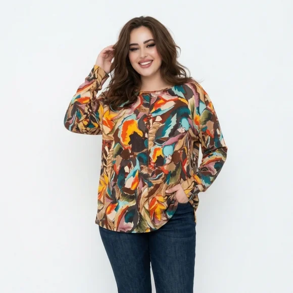 Women's 2X Vibrant Colorful Floral Long Sleeve Top By Westbound NWT - Picture 1 of 6